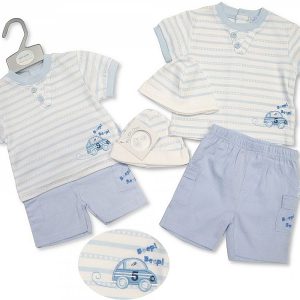 White & Blue Car Motif Three Piece Co-ord Set (Newborn)