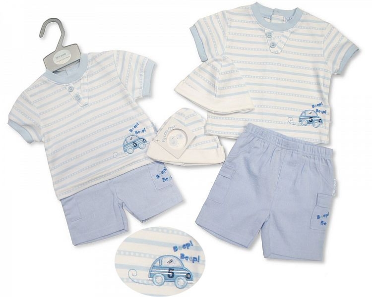 White & Blue Car Motif Three Piece Co-ord Set (Newborn)
