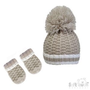Biscuit Pom Pom Hat & Mitts Set by Soft Touch –(Newborn to 12 Months)