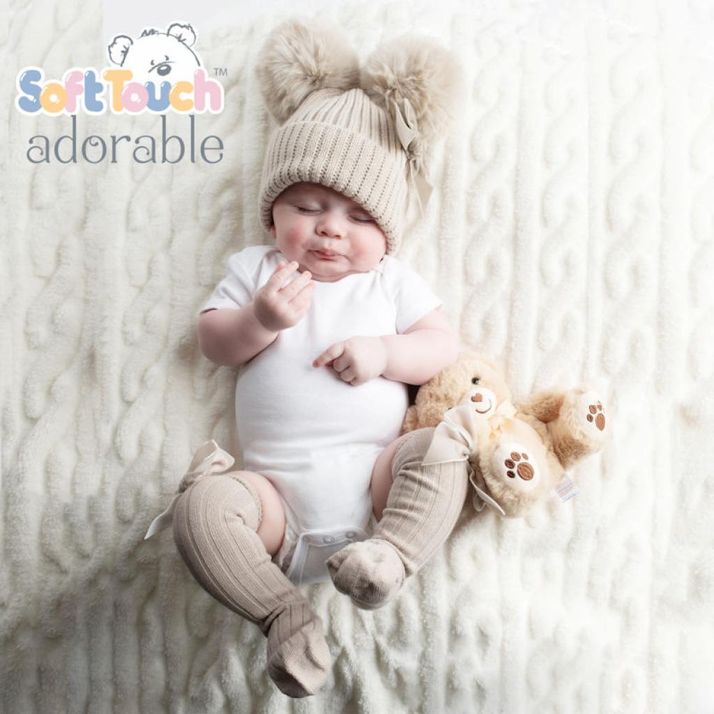 Biscuit Velvet Ribbon Pom Pom Hat (Newborn–12 Months) by Soft Touch - Image 2