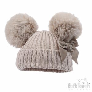 Biscuit Velvet Ribbon Pom Pom Hat (Newborn–12 Months) by Soft Touch