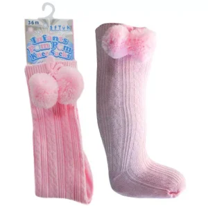 Pink Knee High Pom Pom Socks by Soft Touch (3–12 Months)