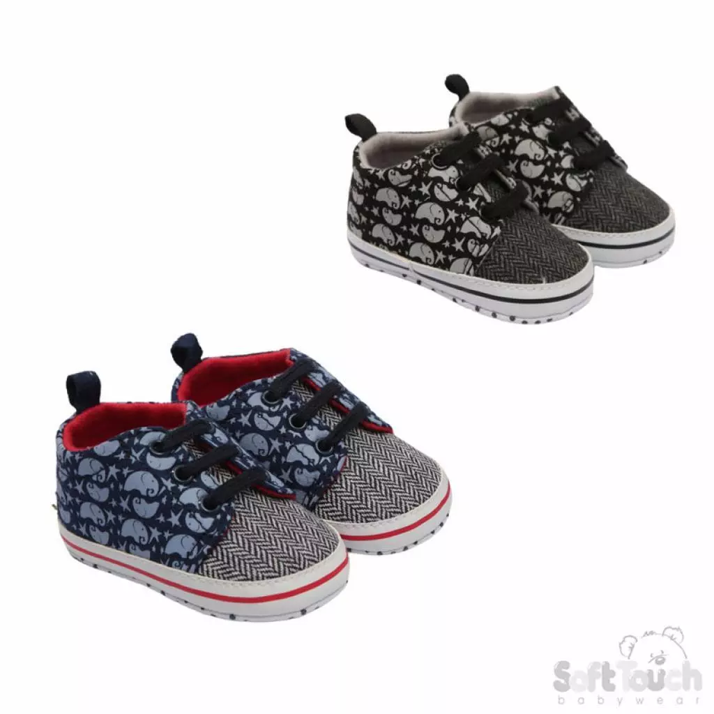 “Elephant” Design Print Chevron Twill Shoes by Soft Touch (6-15 Months)