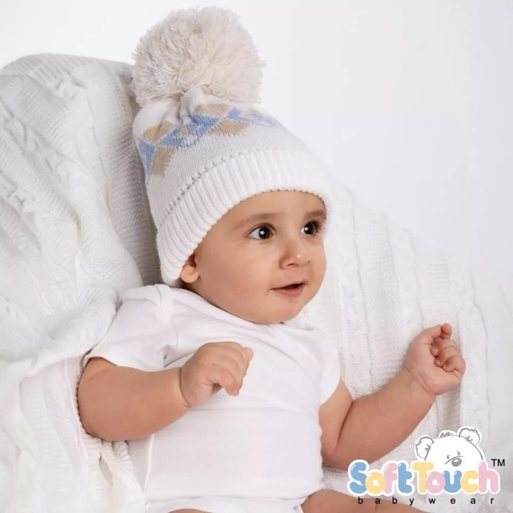 Blue Argyle Pom Pom Hat by Soft Touch –(Newborn to 12 Months)