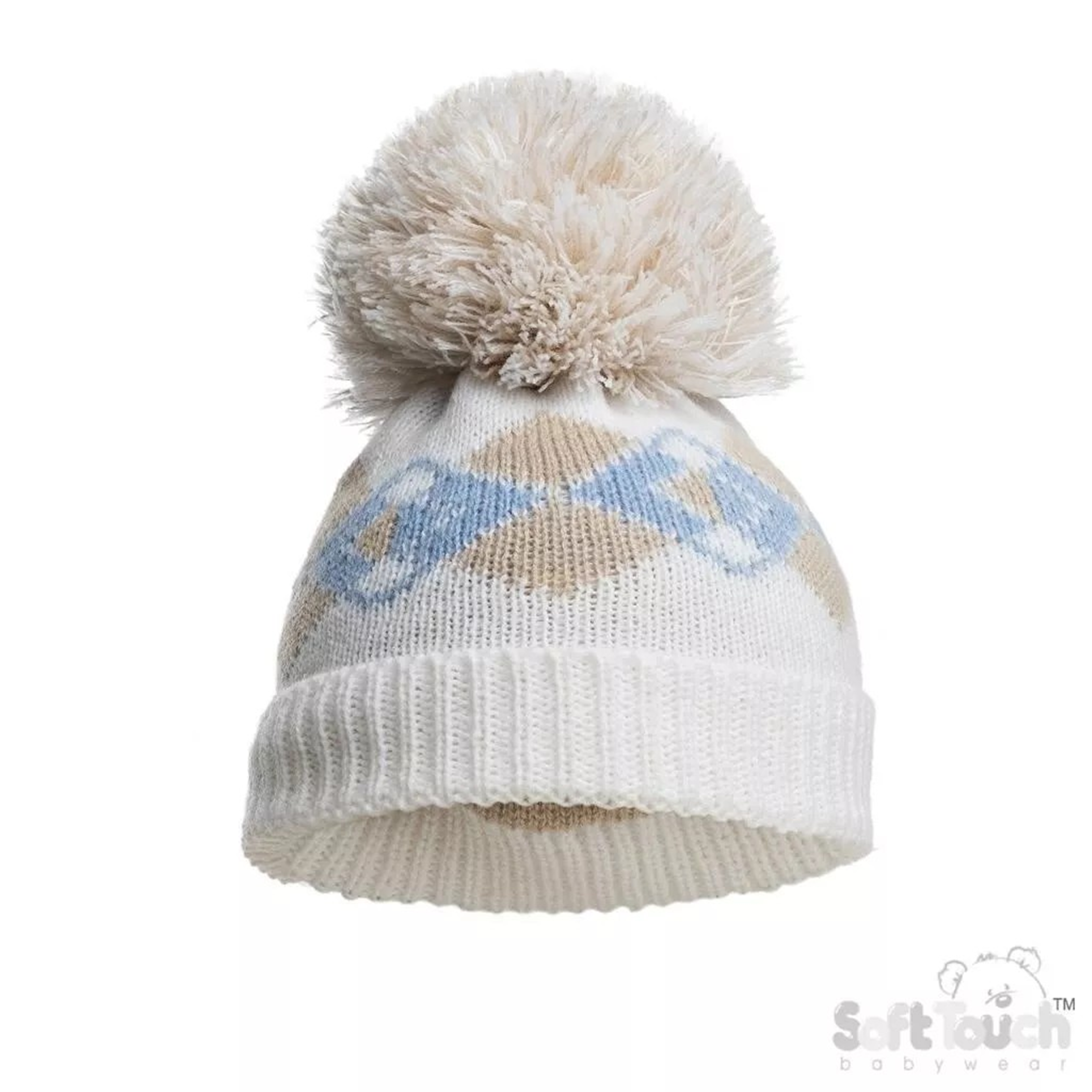 Blue Argyle Pom Pom Hat by Soft Touch –(Newborn to 12 Months) - Image 2