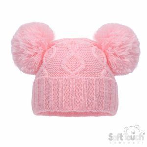 Pink Deluxe Chain Knit Pom Pom Hat by Soft Touch (Newborn–12 Months)