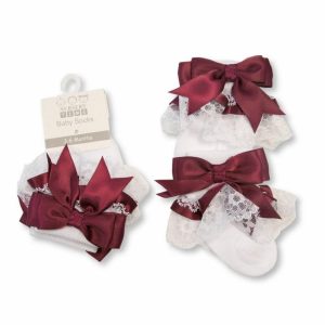 Maroon Frilly Satin Bow Socks by Nursery Time (0-3 Months) LAST ONE REDUCED‼️
