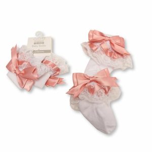Dusty Pink Frilly Satin Bow Socks by Nursery Time (3-12 Months)
