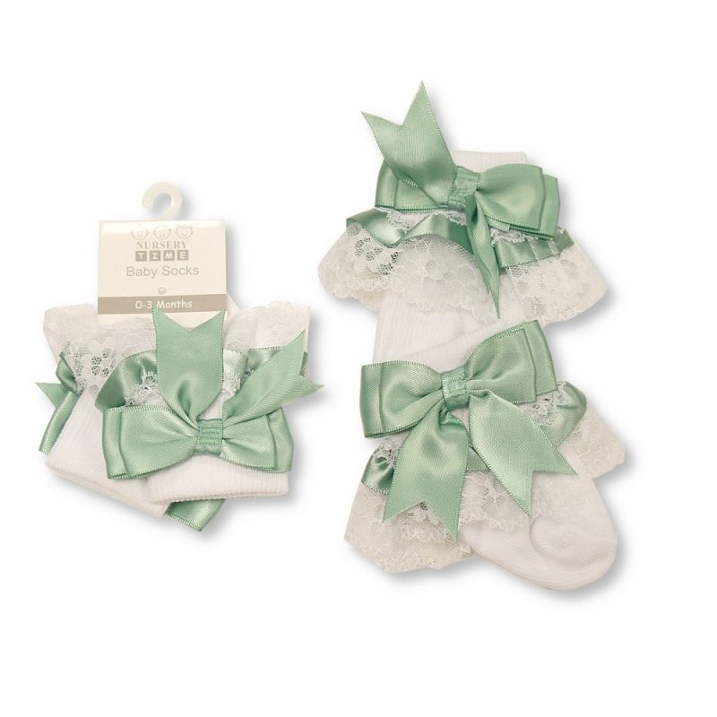 Mint Green Frilly Satin Bow Socks by Nursery Time (0-6 Months)