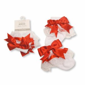 Red Frilly Satin Bow Socks by Nursery Time (3-12 Months)