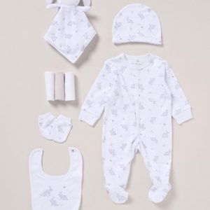 Eight Piece “Bunny” Layette Set by Rock A Bye Boutique (Newborn-6 Months)