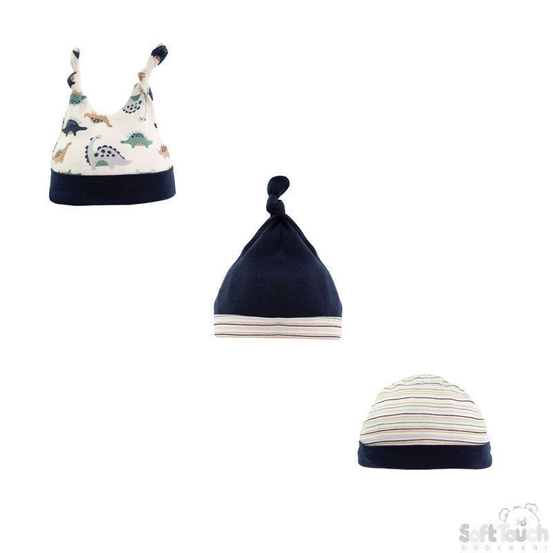 Baby Boys Triple Pack Assorted Dinosaur Hats by Soft Touch (0–9 Months)