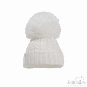 White “Elegance” Pom Pom Hat by Soft Touch (Newborn–24 Months)