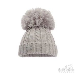 “Grey Cable Knit” Pom Pom Hat by Soft Touch (Newborn–12 Months)