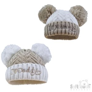 “Mummy & Daddy” Coffee Pom Pom Hat (Newborn–12 Months) by Soft Touch