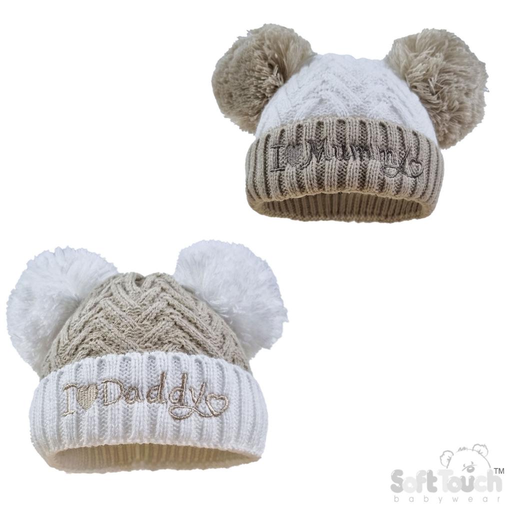 “Mummy & Daddy” Coffee Pom Pom Hat (Newborn–12 Months) by Soft Touch