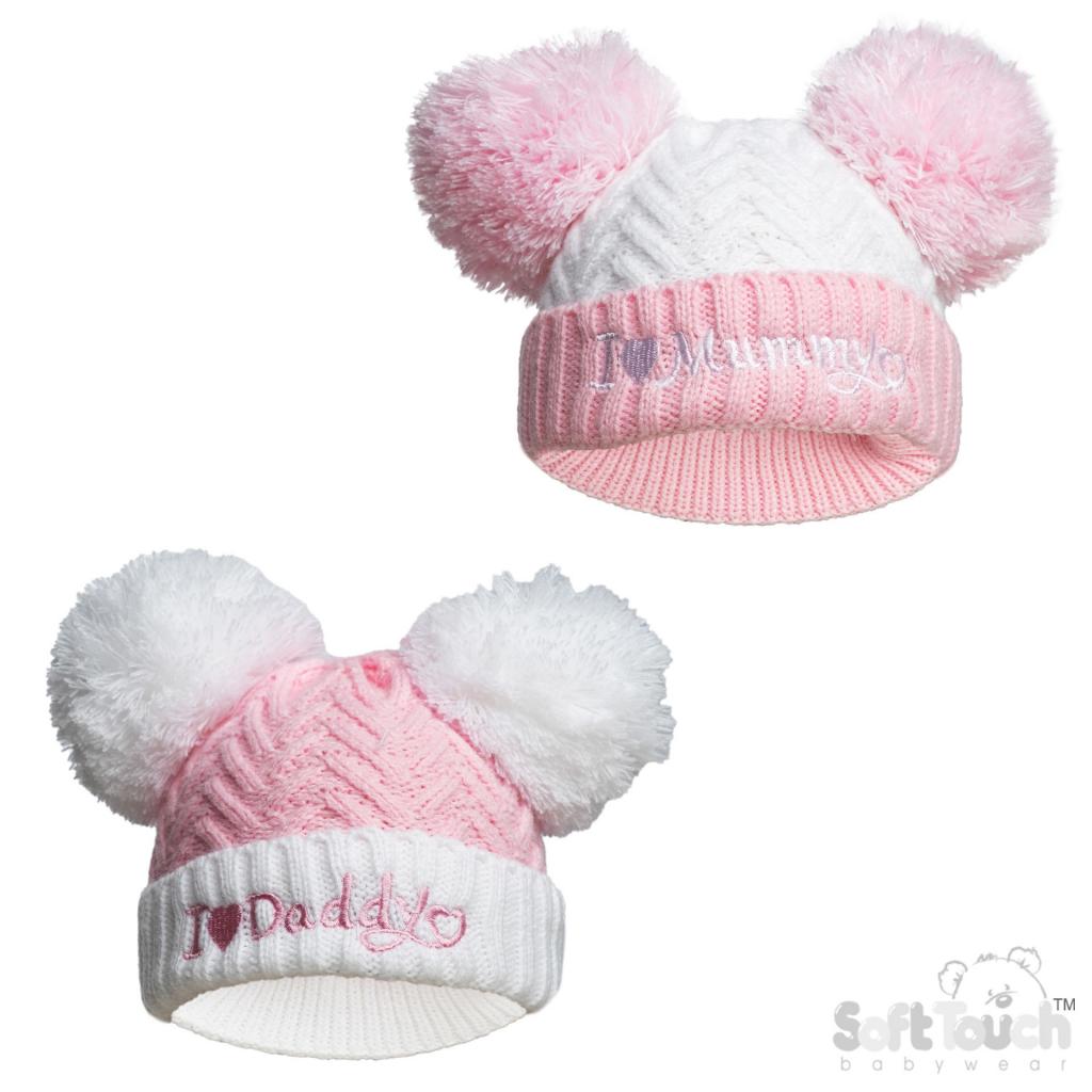 “Mummy & Daddy” Pom Pom Hat by Soft Touch (Newborn to 12 Months) - Image 2