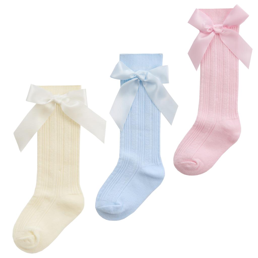 Cable Knit Knee High Ribbon Socks with Satin Bow (0-2.5)
