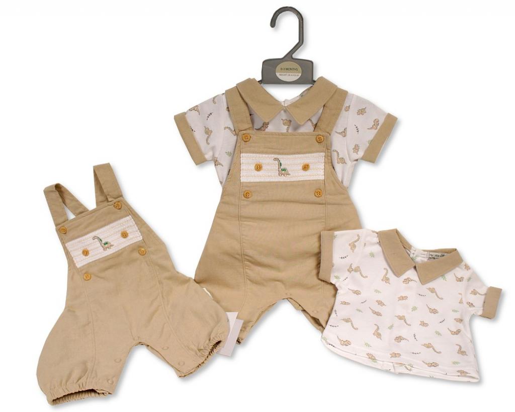 Smocked “Dinosaur” Linen Dungaree Set by My Little Chick (0–6 Months) - Image 3