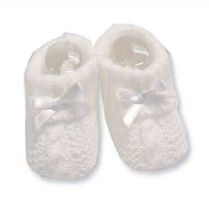 White Knitted Booties with Cable Detail & Bow by Soft Touch  (0–3 Months)