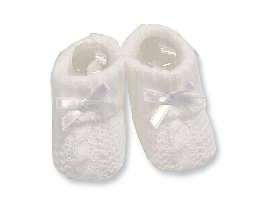 White Knitted Booties with Cable Detail & Bow by Soft Touch (0–3 Months)