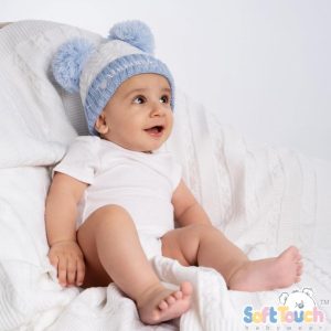 Sky/White Mummy & Daddy Pom Pom Hat by Soft Touch (Newborn-12 Months)