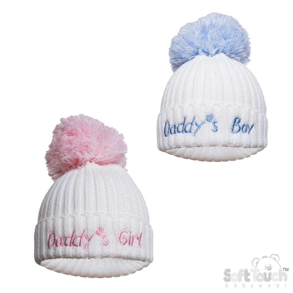 "Daddy`s Girl- Boy" Ribbed Knit Pom Pom Hat (Newborn-12 Months)