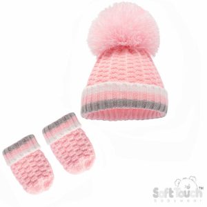 Pink Pom Pom Hat & Mitts Set by Soft Touch –(Newborn to 12 Months)