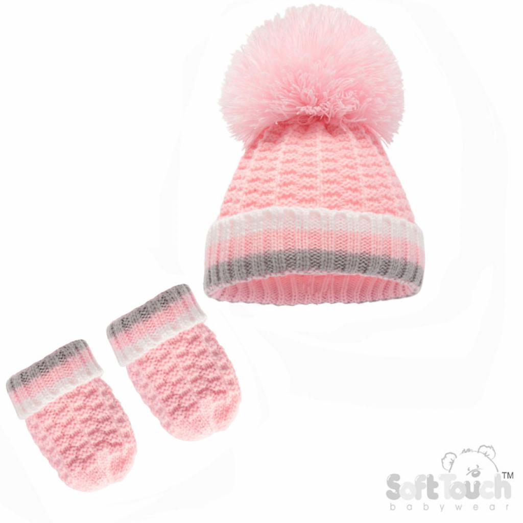 Pink Pom Pom Hat & Mitts Set by Soft Touch –(Newborn to 12 Months)