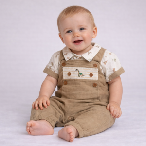 Smocked “Dinosaur” Linen Dungaree Set by My Little Chick (0–6 Months)