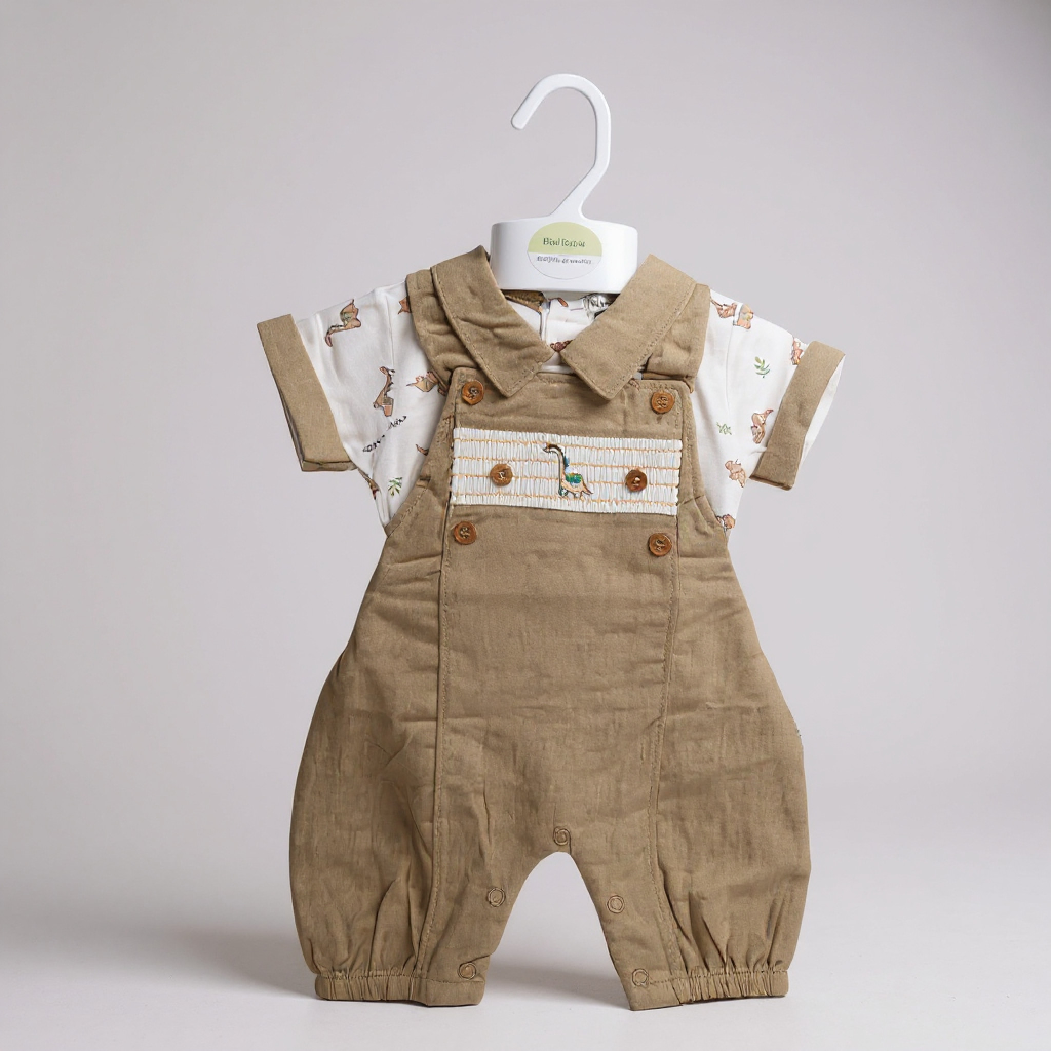 Smocked “Dinosaur” Linen Dungaree Set by My Little Chick (0–6 Months) - Image 2
