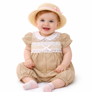 Taupe Linen “Smocked” Romper by My Little Chick (Newborn–6 Months)