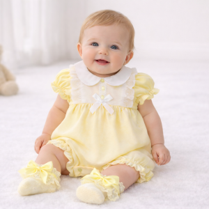 Lemon Yellow "Lace and Bow" Romper by Nursery Time (Newborn-6 Months)