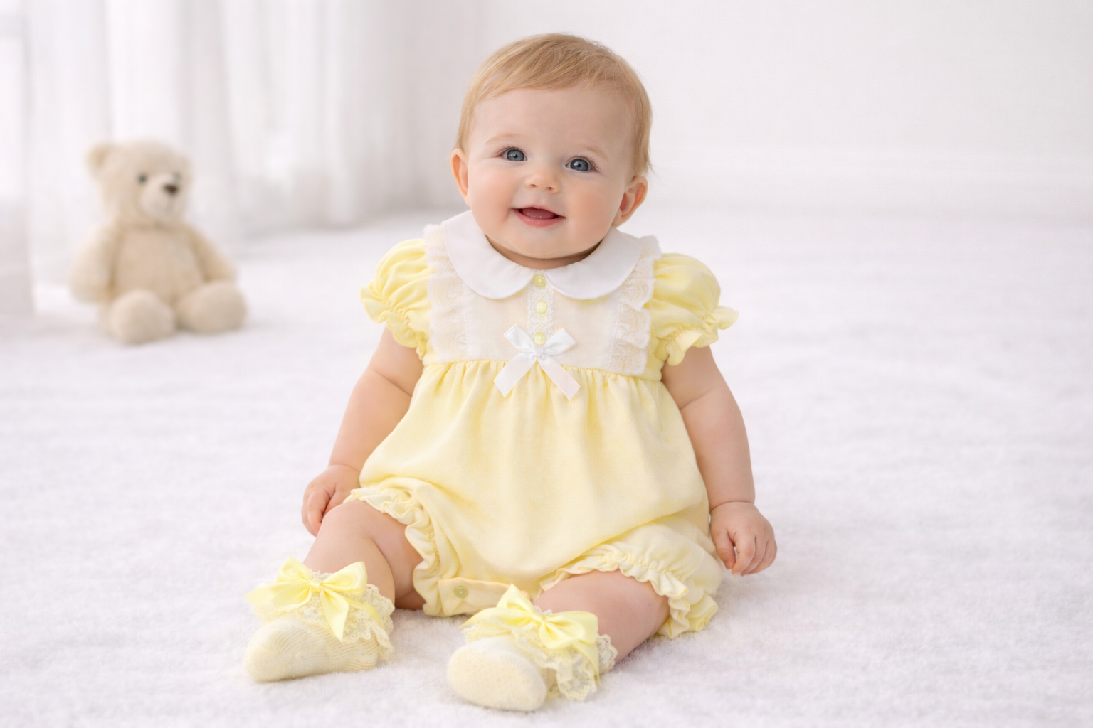 Lemon Yellow "Lace and Bow" Romper by Nursery Time (Newborn-6 Months)
