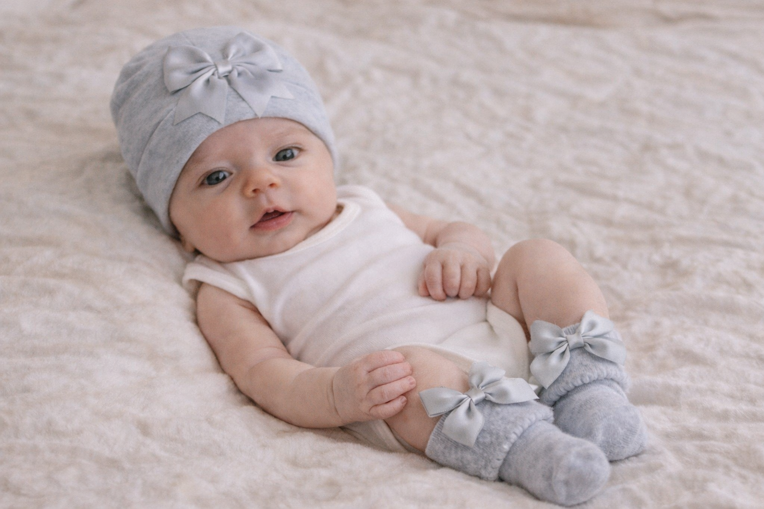 Grey Bow Hat & Socks Set by Soft Touch (Newborn–3 Months)