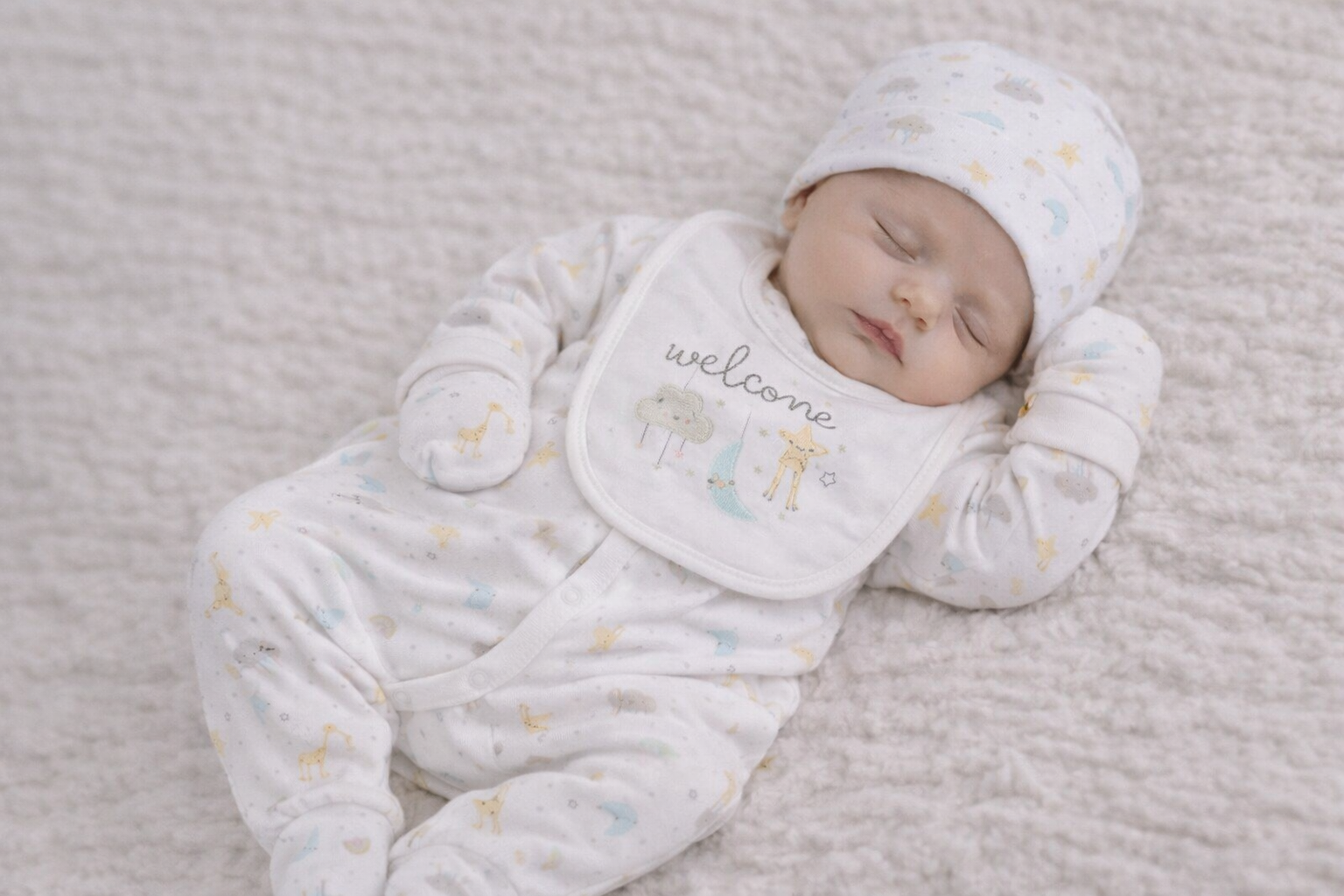 “Welcome” 5-Piece Layette Set (Newborn–6 Months) by Rock-a-Bye Boutique