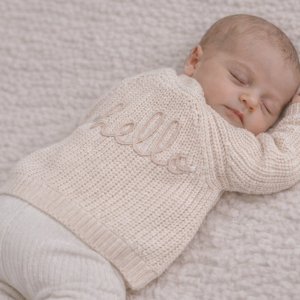 Cream “Hello” Knitted Cardigan (0–12 Months) by Rock a Bye Boutique