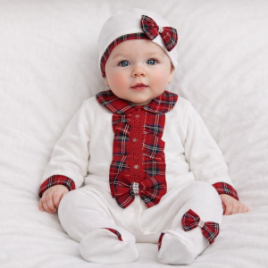 Ivory Tartan Ruffle All In One & Hat by Visara Vivaki (3-9 Months)