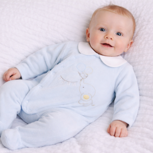 Baby Blue Elephant “Love” Embroidered Velour All-In-One by Pure & Soft Premium Babywear (0–9 Months)