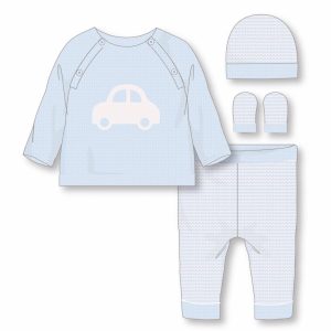 Sky Blue Pinstripe Car 4-Piece Boxed Knit Set – by Rock-a-Bye Baby (Newborn–6 Months)