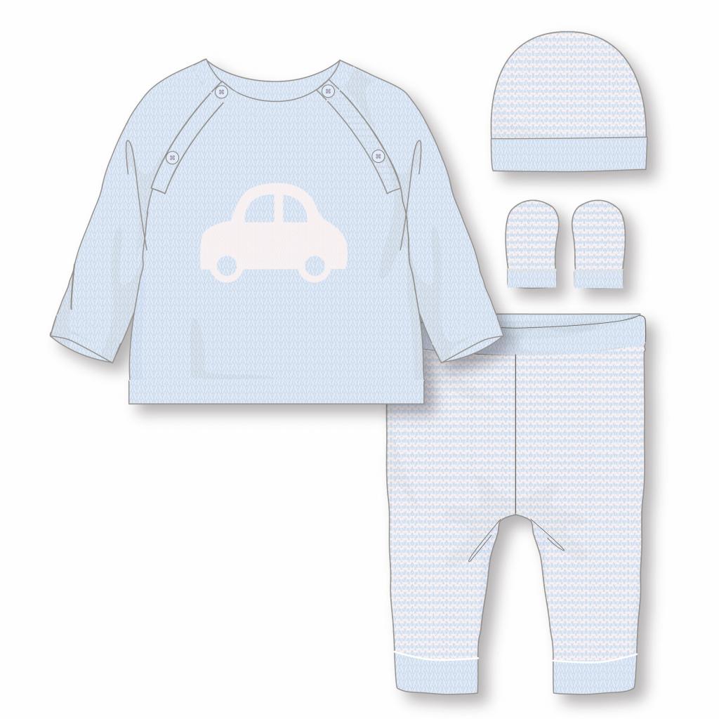 Sky Blue Pinstripe Car 4-Piece Boxed Knit Set – by Rock-a-Bye Baby (Newborn–6 Months)