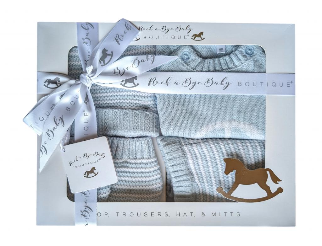 Sky Blue Pinstripe Car 4-Piece Boxed Knit Set – by Rock-a-Bye Baby (Newborn–6 Months) - Image 2