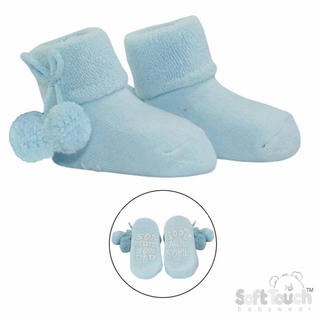 100% Awesome Baby Blue Pom Pom Socks – by Soft Touch (0-12 months) - Image 2