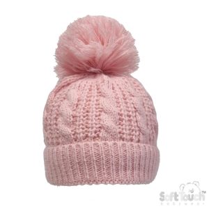 Dusky Pink Deluxe Cable Knit Pom Pom Hat – by Soft Touch (Newborn–12 Months)