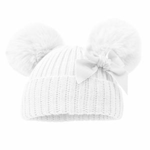 White Velvet Ribbon Pom Pom Hat – by Soft Touch (Newborn–12 Months)