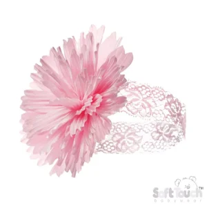Pink Lace Flower Headband – by Soft Touch (Newborn–12 Months)