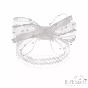 White Lace Flower & Pearl Headband – by Soft Touch (Newborn–12 Months)