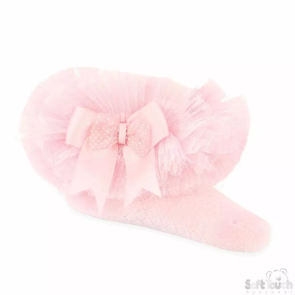 Pink Organza Lace Bow Tutu Socks – by Soft Touch (3–6 Months)