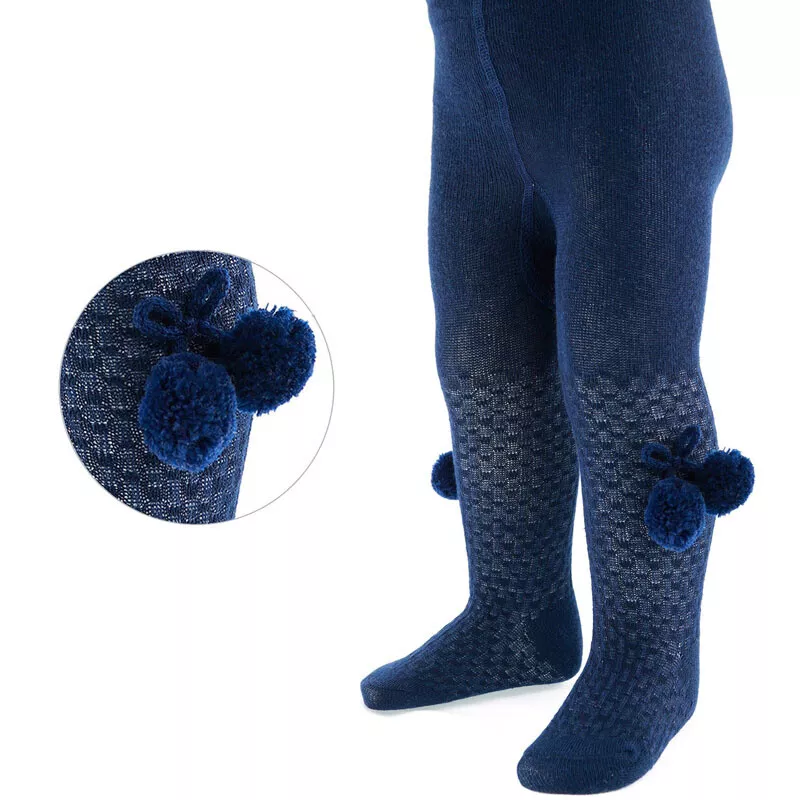 Navy Blue Checked Double Pom Pom Tights – by Soft Touch (3–12 Months)