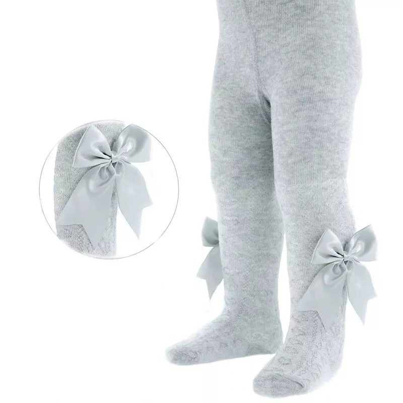 Grey Hearts Tights with Large Bow – by Soft Touch (3–24 Months)